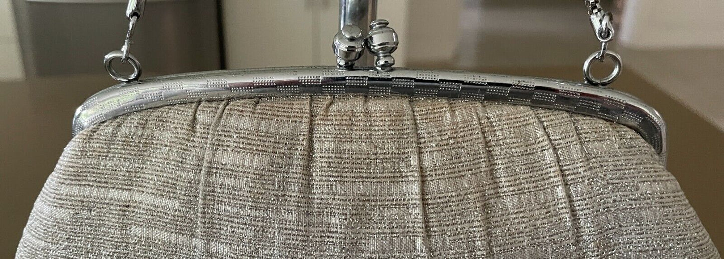 Evening Bag Silver Metallic Fabric Chain Strap Frame Purse Small Vintage