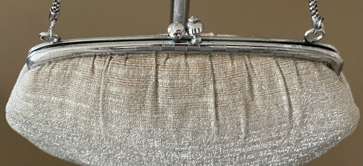 Evening Bag Silver Metallic Fabric Chain Strap Frame Purse Small Vintage