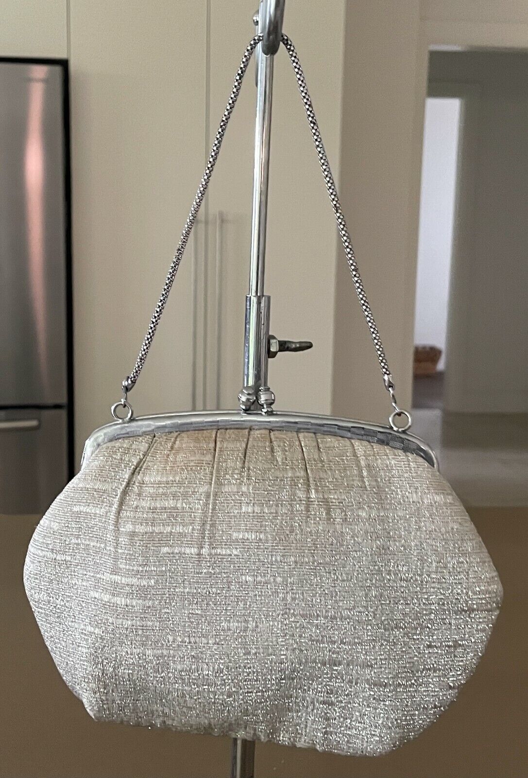 Evening Bag Silver Metallic Fabric Chain Strap Frame Purse Small Vintage