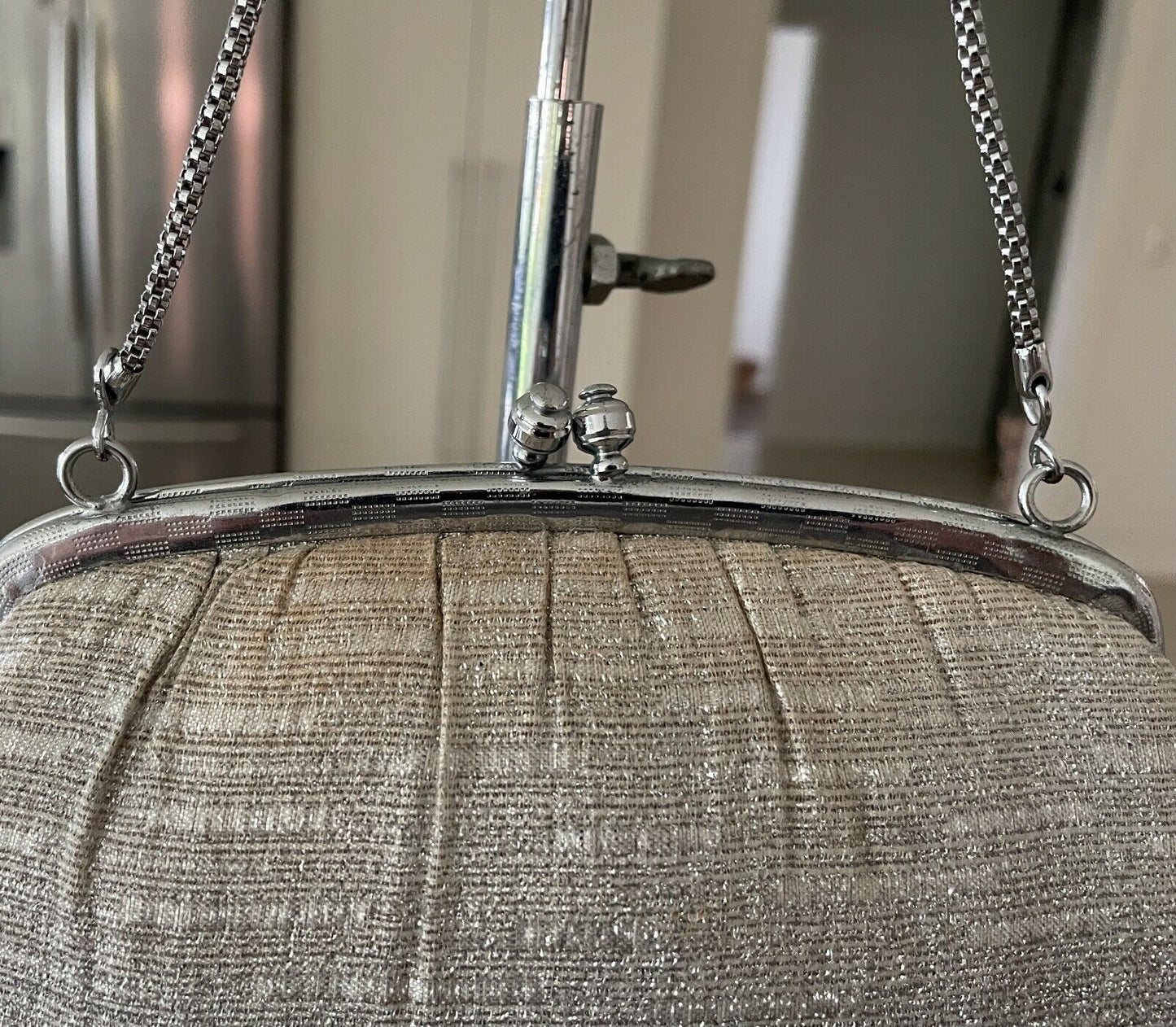 Evening Bag Silver Metallic Fabric Chain Strap Frame Purse Small Vintage