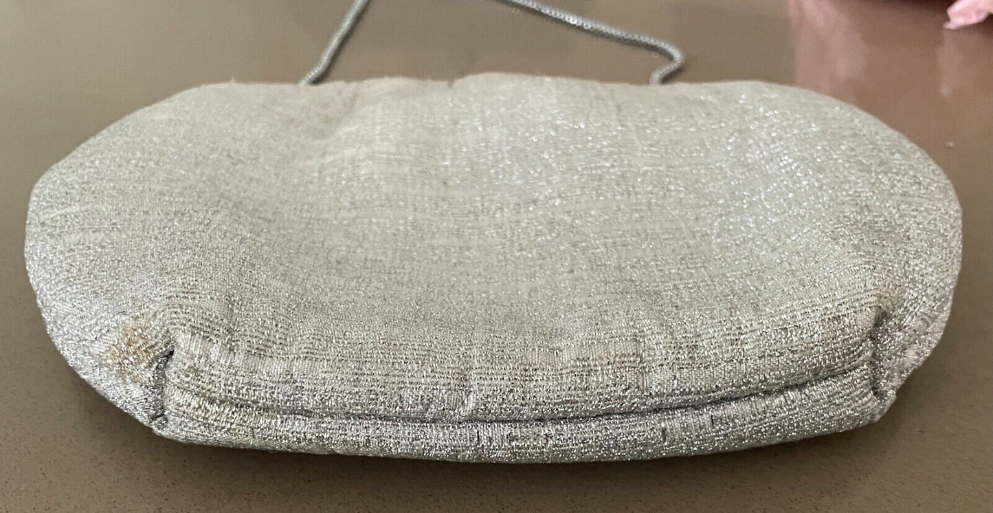 Evening Bag Silver Metallic Fabric Chain Strap Frame Purse Small Vintage