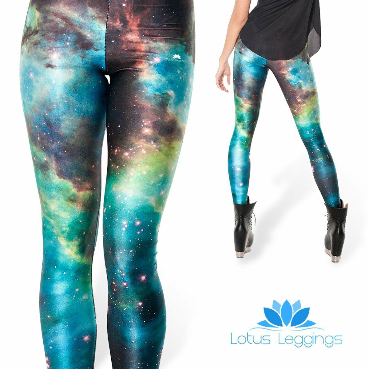 Leggings LOTUS "Galaxy" Print Teal Stretch Sz M Sports Gym Yoga Activewear Pants