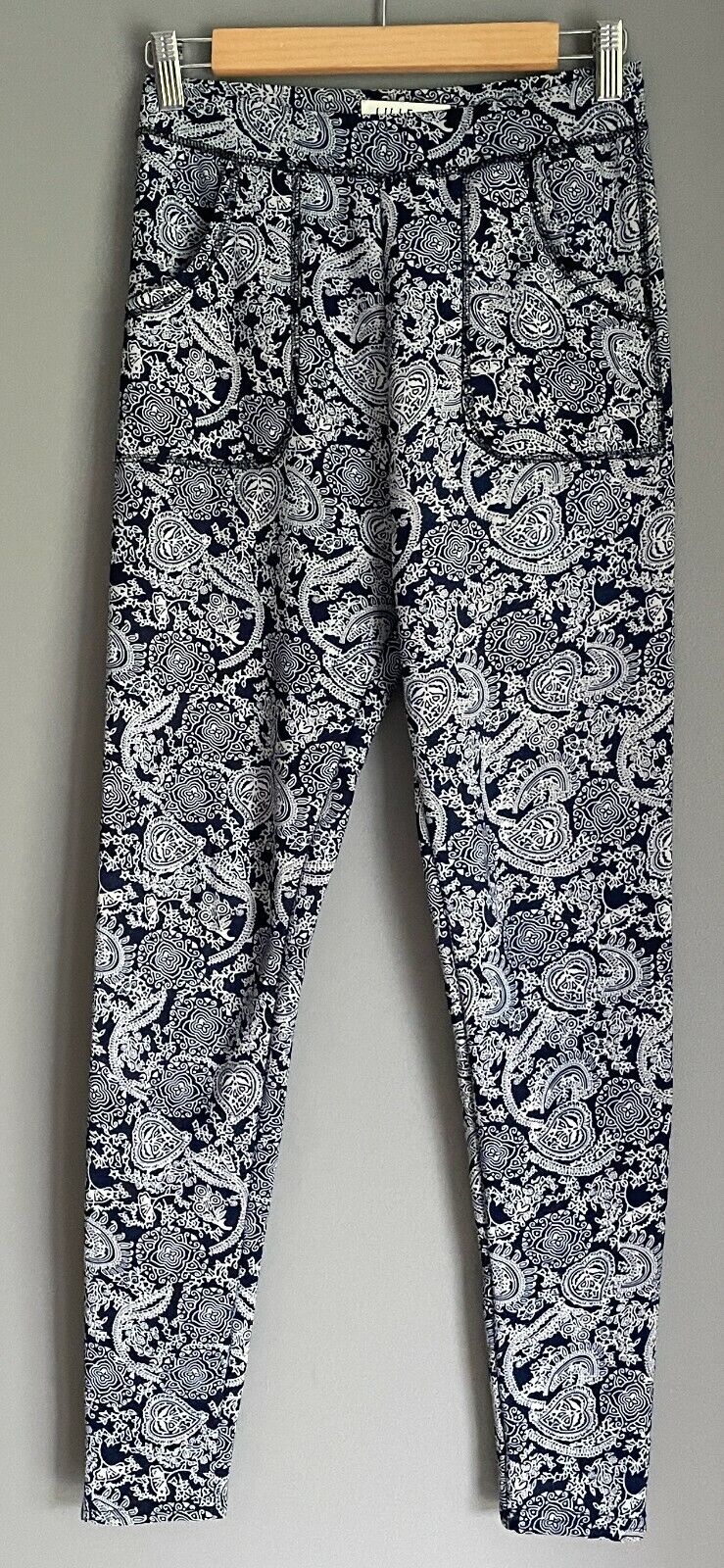 LILLE Leggings Blue White Paisley Print Fleece Lined Elastic Waist Size S Active