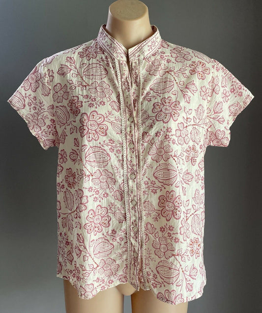 TOP ELLIE LOUISE Short Sleeve Blouse Pink White Floral Print Collarless Size 12