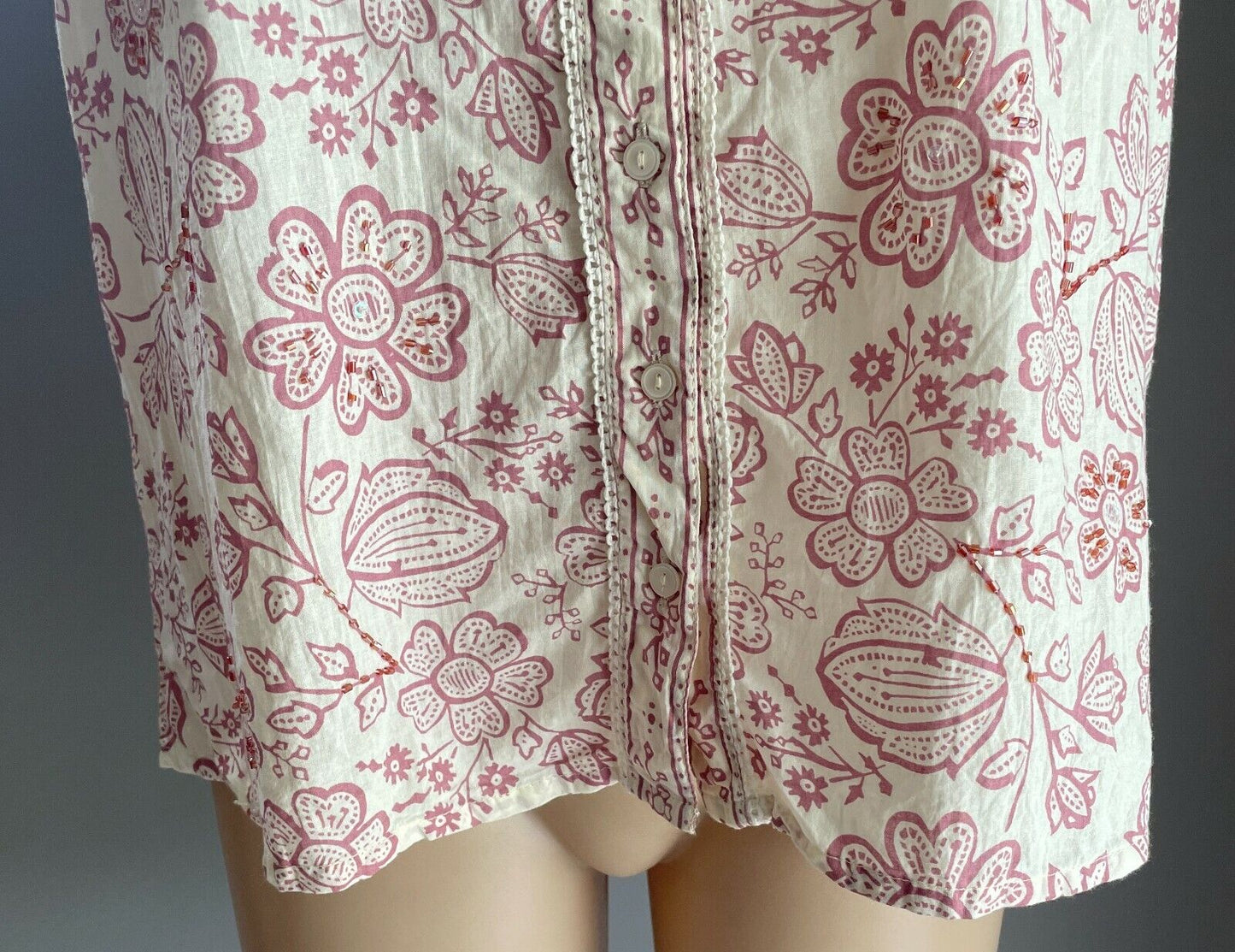 TOP ELLIE LOUISE Short Sleeve Blouse Pink White Floral Print Collarless Size 12