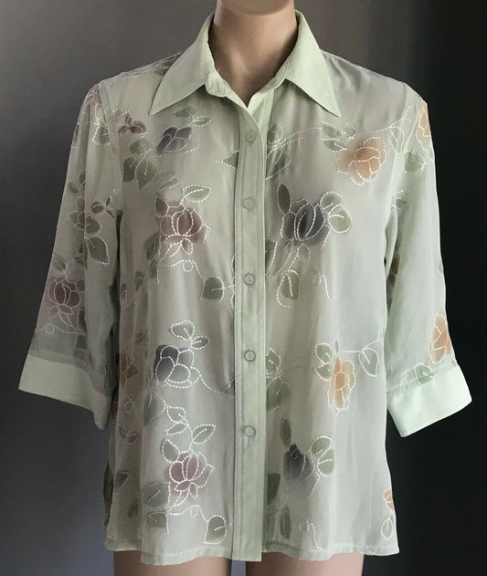 RICKI RENEE Top Blouse Pale Green Floral Embroidered 3/4 Sleeve Ladies Size 14