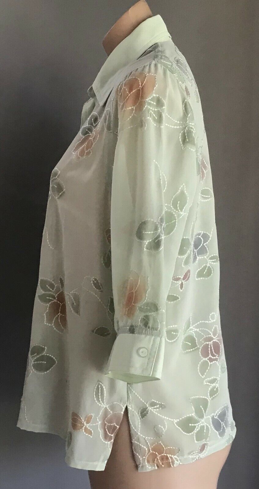 RICKI RENEE Top Blouse Pale Green Floral Embroidered 3/4 Sleeve Ladies Size 14
