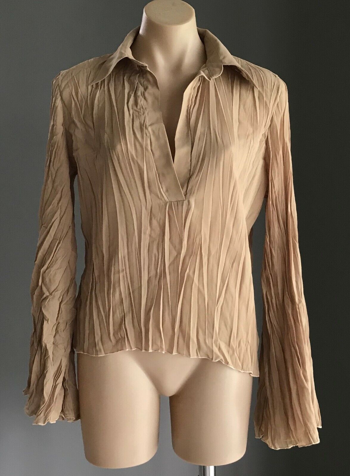 Ladies Top STUDIO MISCHALIS Blouse Gold Flare Sleeve Wrinkle Look EU 46 AU 12 14