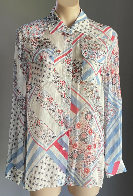 TOMMY X GIGI HADID Top Silk Shirt MultiColour Patchwork L/Sleeve Ladies Sz 10 14