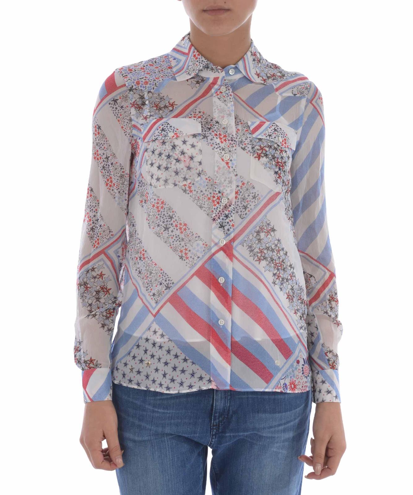 TOMMY X GIGI HADID Top Silk Shirt MultiColour Patchwork L/Sleeve Ladies Sz 10 14