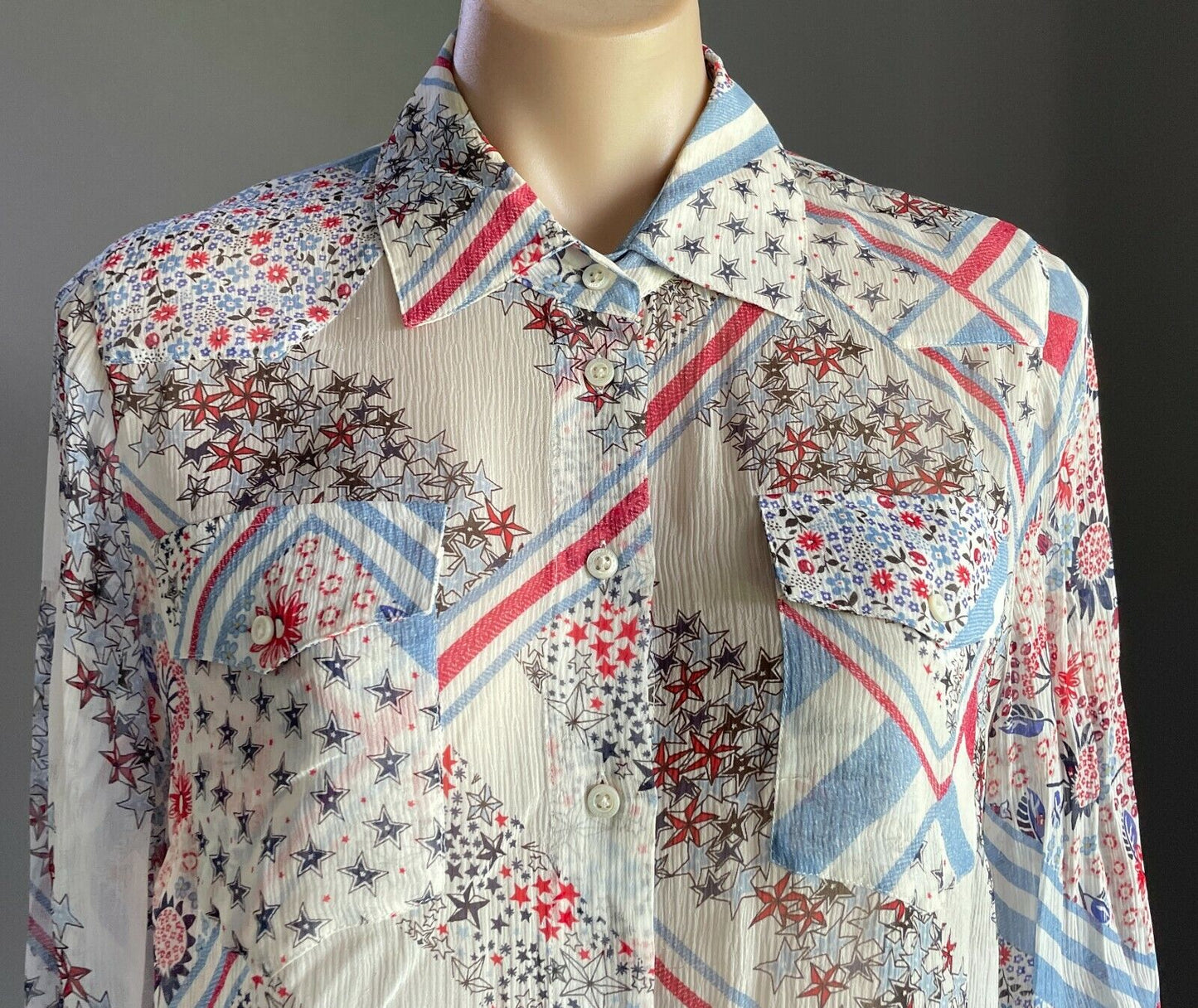 TOMMY X GIGI HADID Top Silk Shirt MultiColour Patchwork L/Sleeve Ladies Sz 10 14