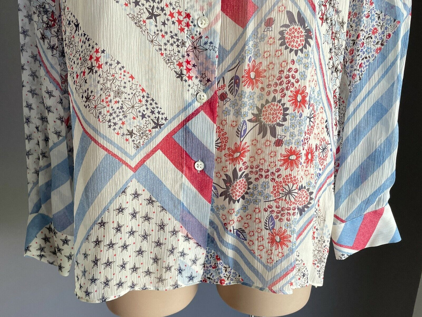 TOMMY X GIGI HADID Top Silk Shirt MultiColour Patchwork L/Sleeve Ladies Sz 10 14