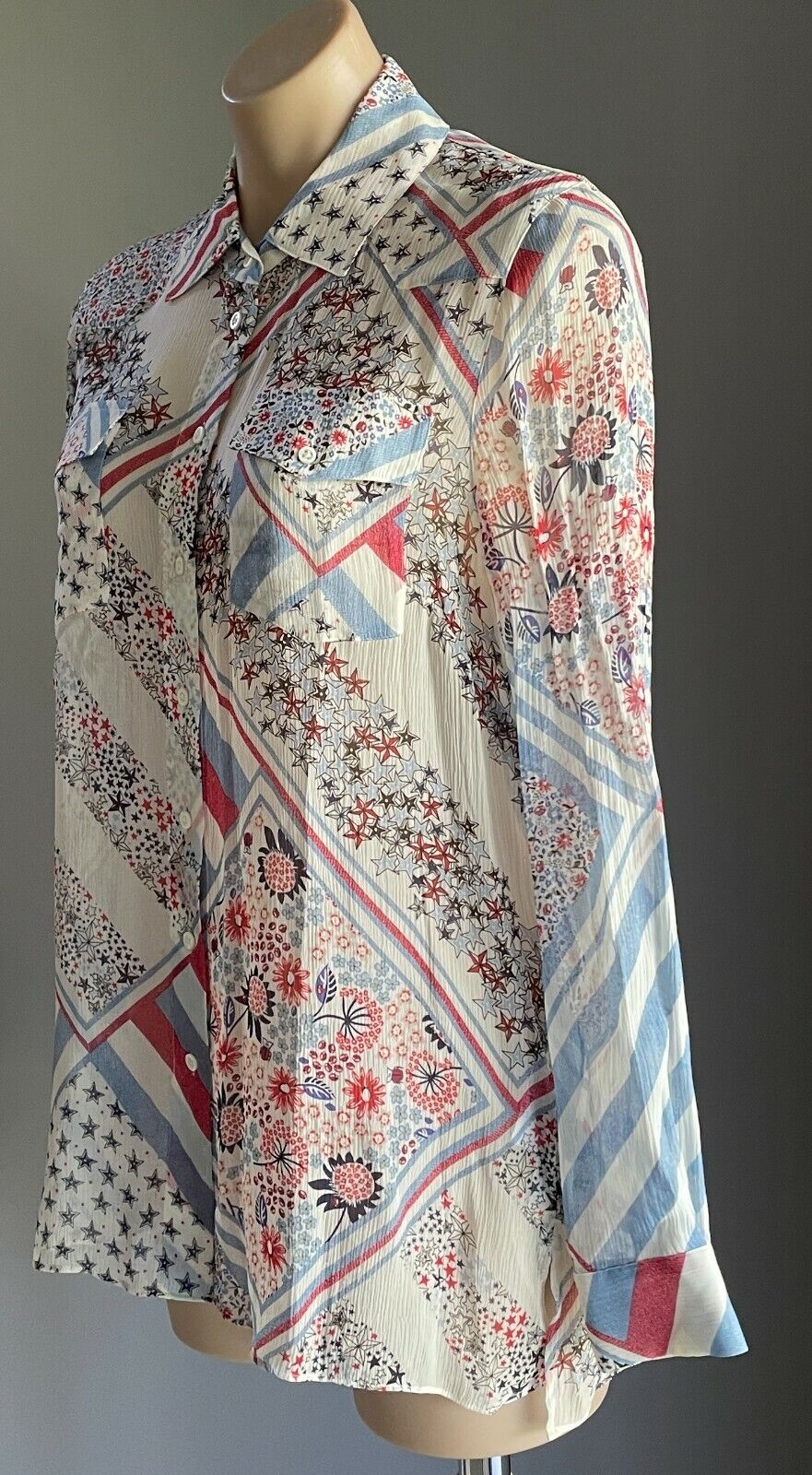 TOMMY X GIGI HADID Top Silk Shirt MultiColour Patchwork L/Sleeve Ladies Sz 10 14