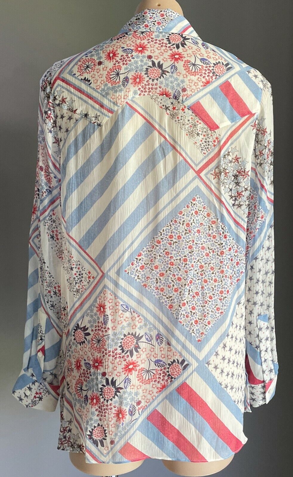 TOMMY X GIGI HADID Top Silk Shirt MultiColour Patchwork L/Sleeve Ladies Sz 10 14