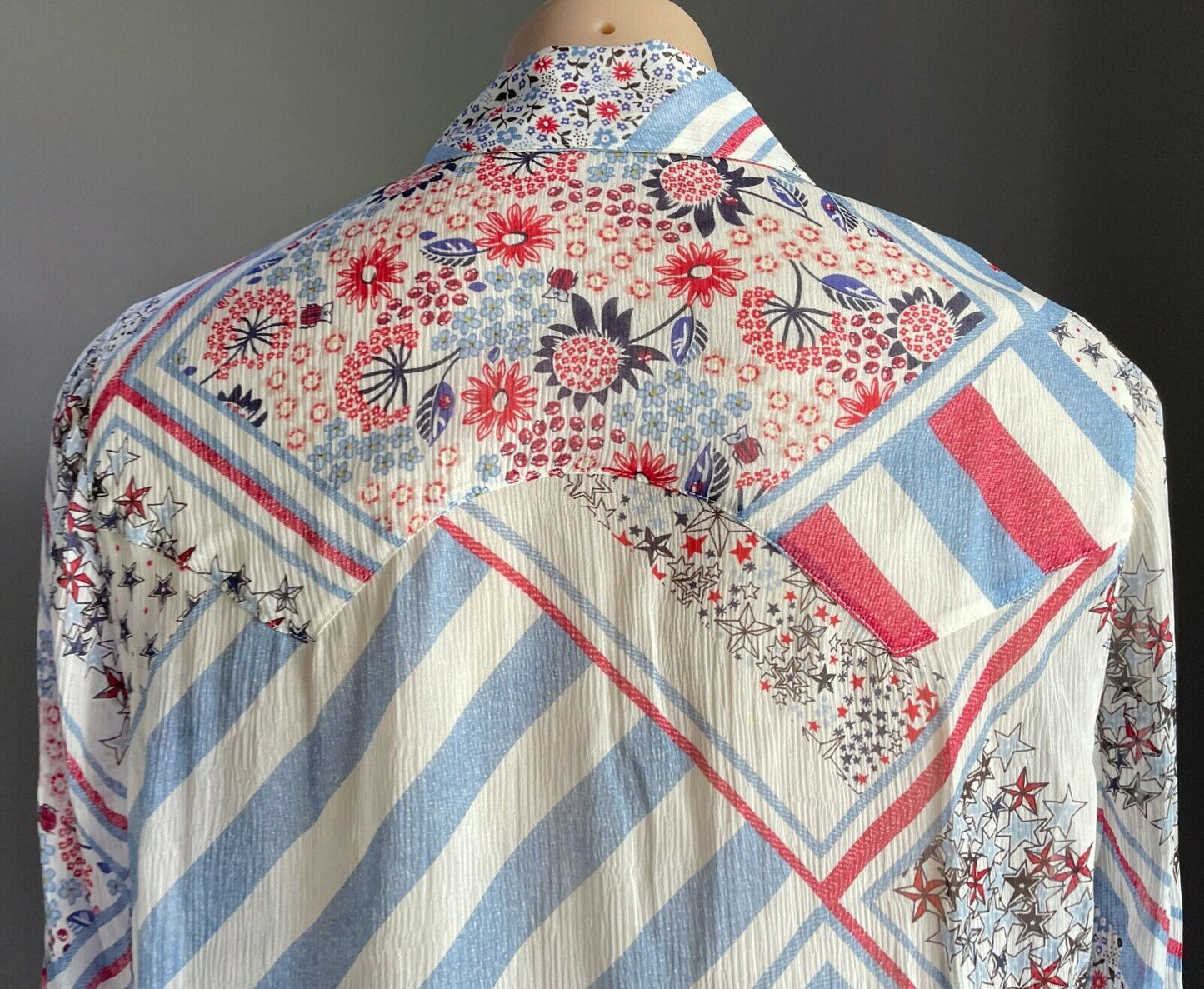 TOMMY X GIGI HADID Top Silk Shirt MultiColour Patchwork L/Sleeve Ladies Sz 10 14