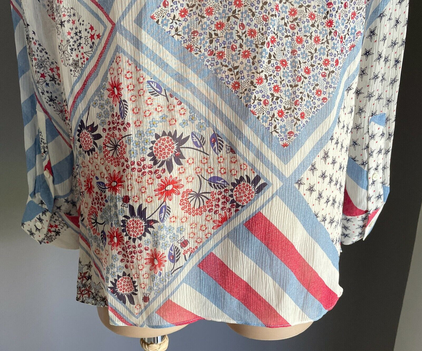 TOMMY X GIGI HADID Top Silk Shirt MultiColour Patchwork L/Sleeve Ladies Sz 10 14