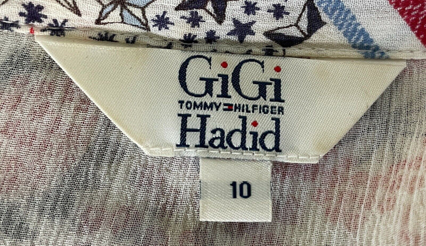 TOMMY X GIGI HADID Top Silk Shirt MultiColour Patchwork L/Sleeve Ladies Sz 10 14
