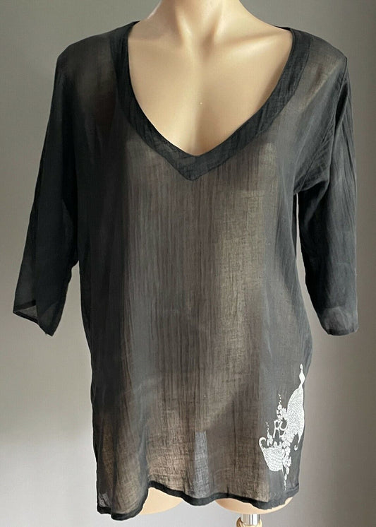 ROXY Ladies Top Tunic Black Lightweight Cotton 3/4 Sleeve Relaxed Fit Size 12 14
