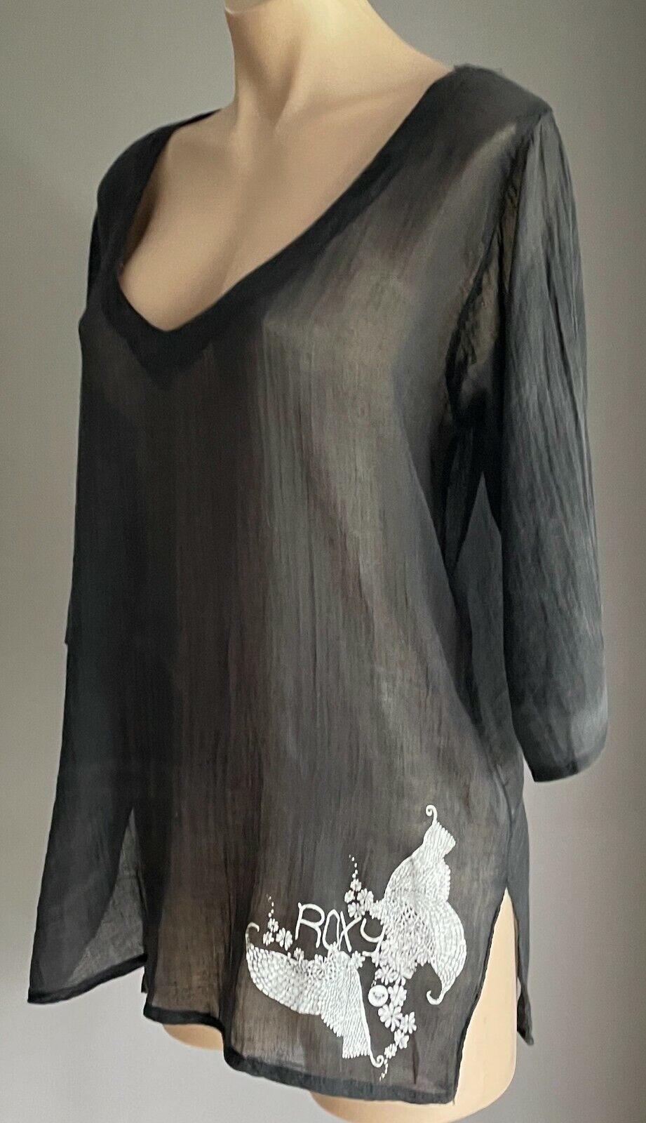 ROXY Ladies Top Tunic Black Lightweight Cotton 3/4 Sleeve Relaxed Fit Size 12 14