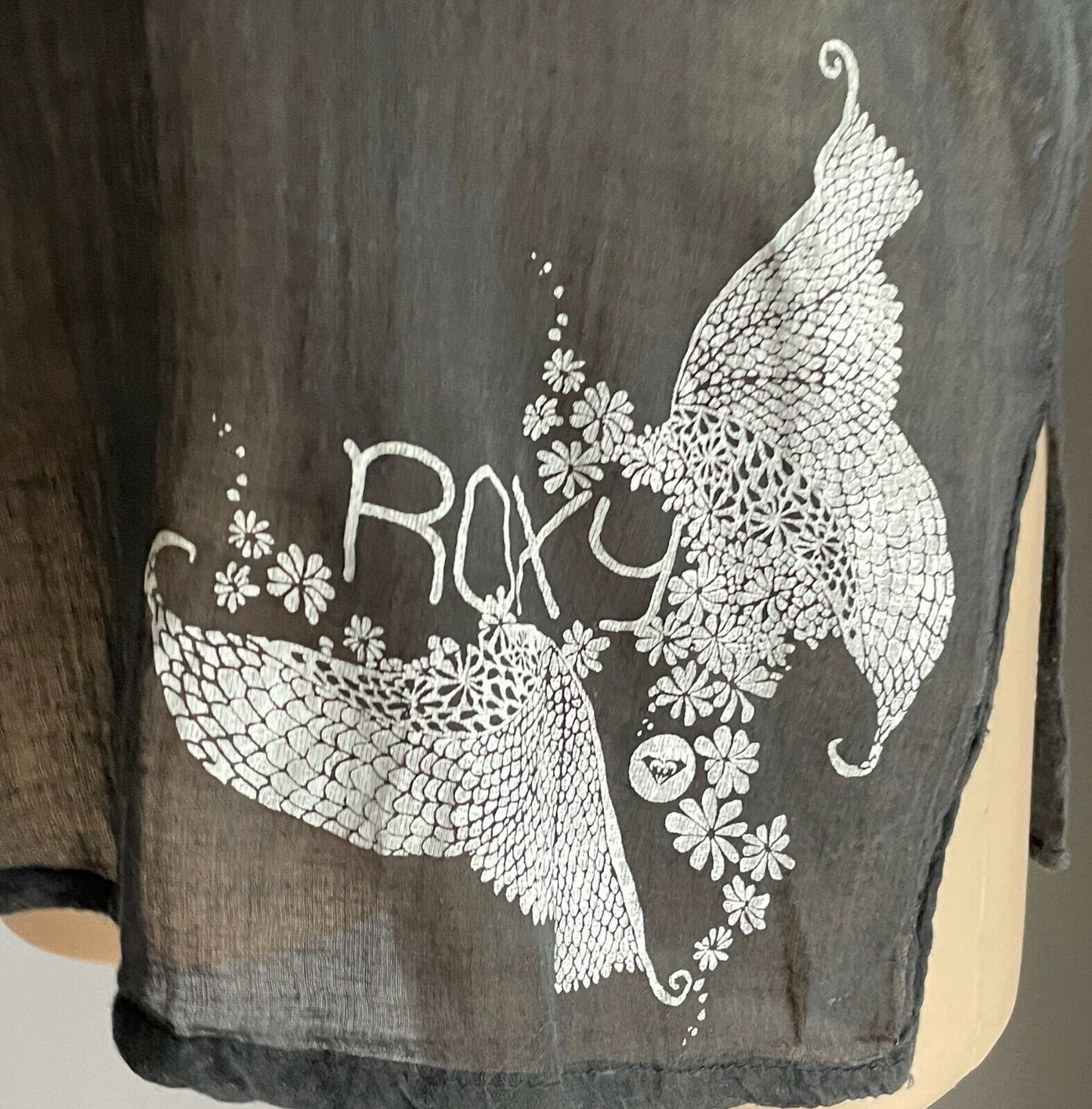 ROXY Ladies Top Tunic Black Lightweight Cotton 3/4 Sleeve Relaxed Fit Size 12 14
