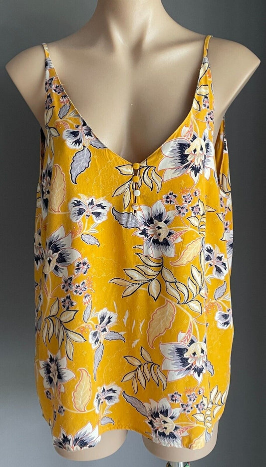&ME Camisole Mustard Yellow Floral Thin Strap Button Trim Top Size 14 Cami & Me