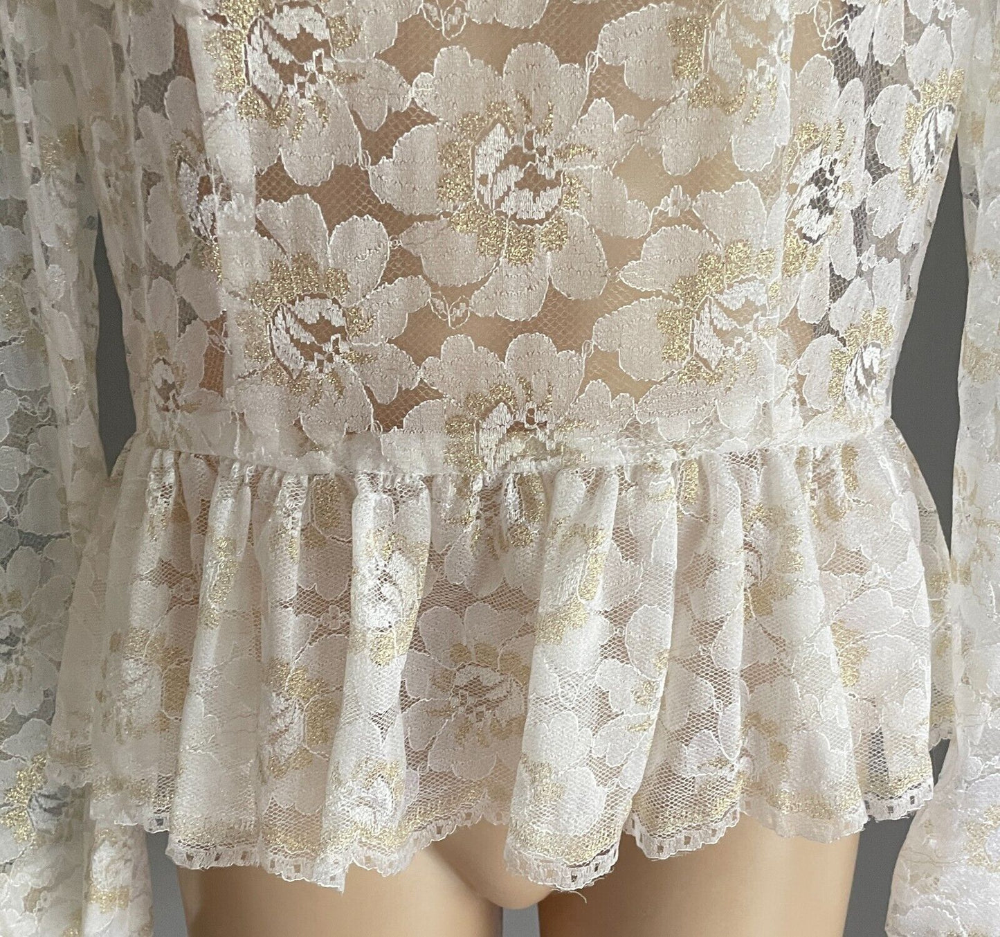 Antique Top White Lace High Neck L/Sleeve Blouse Gold Glitter Highlights Size 10