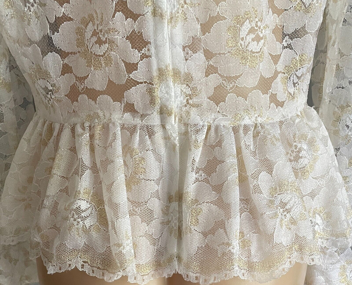 Antique Top White Lace High Neck L/Sleeve Blouse Gold Glitter Highlights Size 10