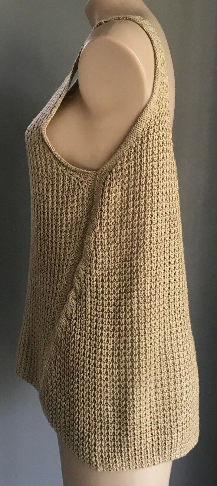 Gold Chunky Knit Singlet Top Scoop Neck & Back Sleeveless Dip Hem Ladies Sz 12