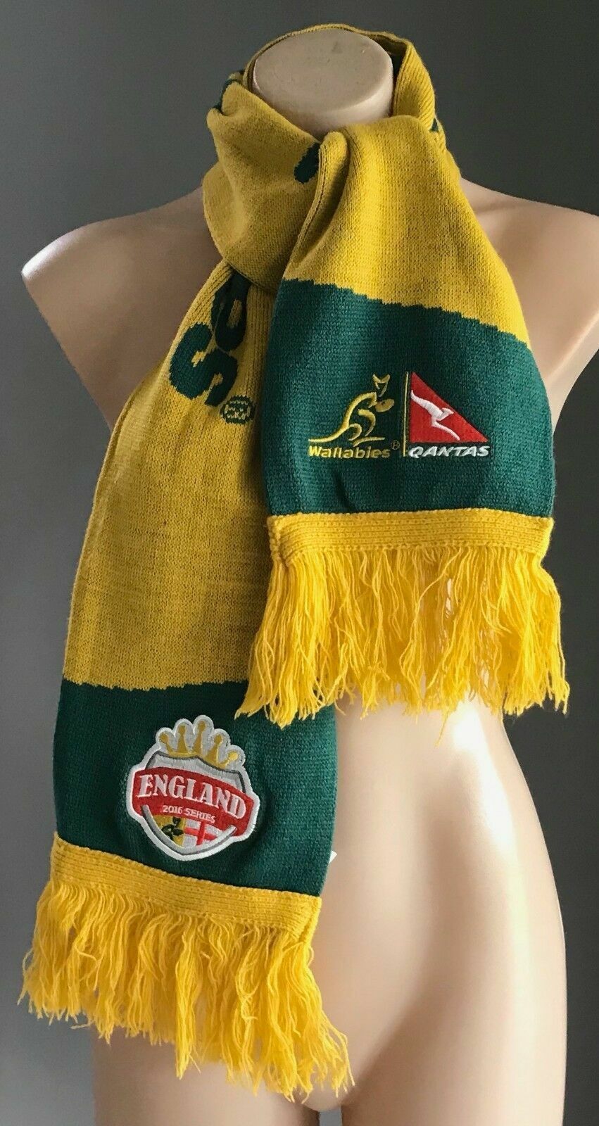 Fan Scarf WALLABIES Official Green Gold Australian 2016 England Tour Knit Fringe