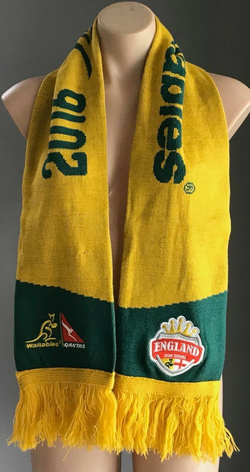 Fan Scarf WALLABIES Official Green Gold Australian 2016 England Tour Knit Fringe