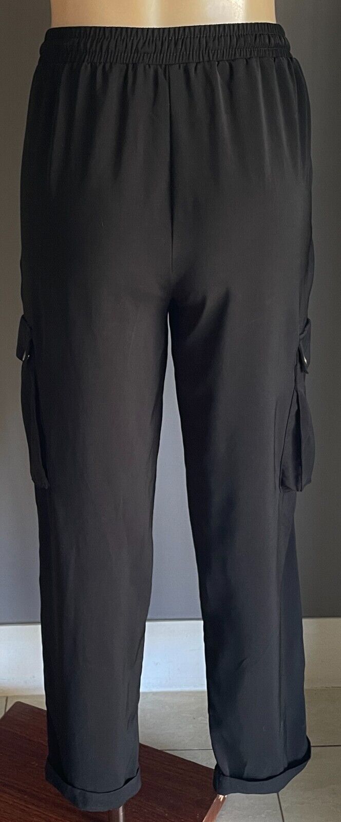 Ladies Size 10 Pants SILVER WISHES Cargo Black Elastic Waist Tapered Cuff Leg