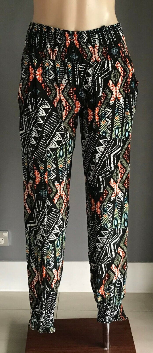 Ladies Size 10 Pants HAREM Black & MultiColoured Print Elastic Waist & Cuffs