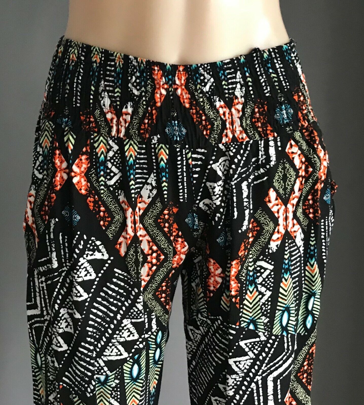 Ladies Size 10 Pants HAREM Black & MultiColoured Print Elastic Waist & Cuffs