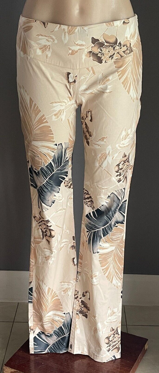 Ladies Size 10 Pants PRINTSTAR Beige Floral Straight Leg Stretch Trousers RETRO