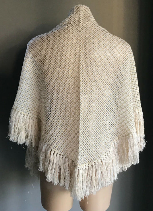 New Vintage White Lace & Gold Thread Shawl w White & Gold Fringe Trim Wrap