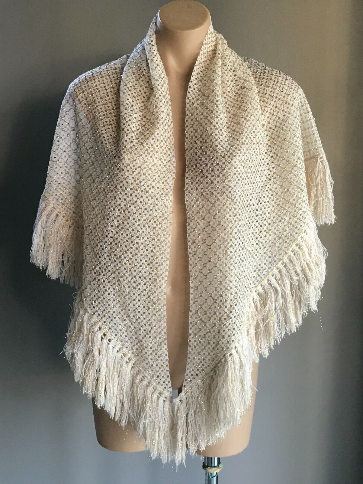 New Vintage White Lace & Gold Thread Shawl w White & Gold Fringe Trim Wrap