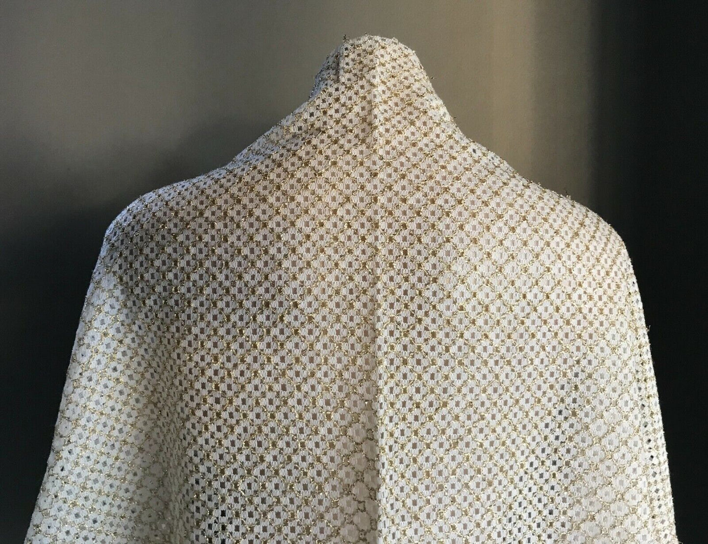 New Vintage White Lace & Gold Thread Shawl w White & Gold Fringe Trim Wrap