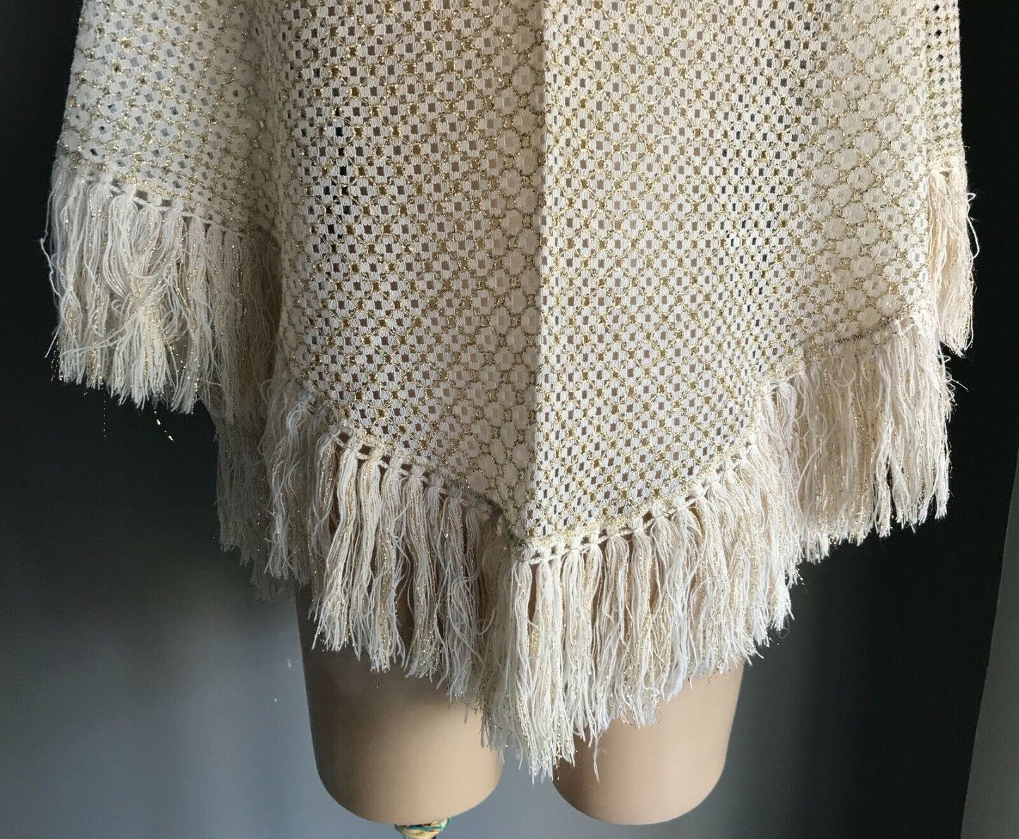 New Vintage White Lace & Gold Thread Shawl w White & Gold Fringe Trim Wrap