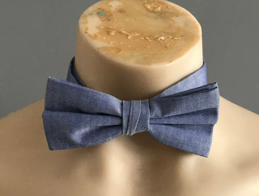 Mens Neck Bow Tie Classic Blue Cotton Pre-Tied Adjustable Bow Tie