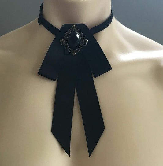 Mens BOW TIE Rhinestone Trim Black Ribbon Pre-tied & Adjustable Neck NEW Unique