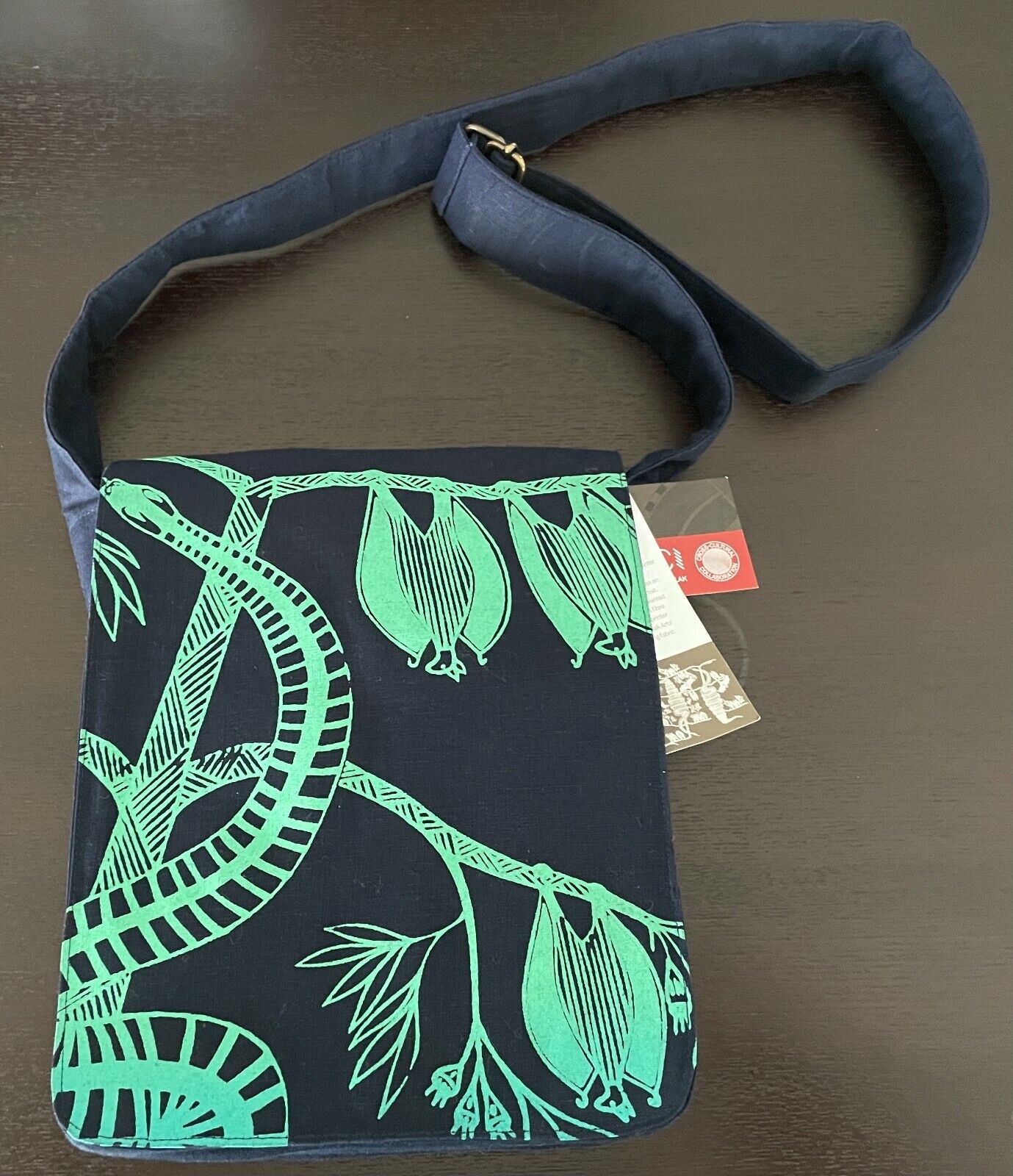INJALAK ARTS Selina Nadjowh Crossbody Bag Green Navy Blue Hand Printed Indi NEW