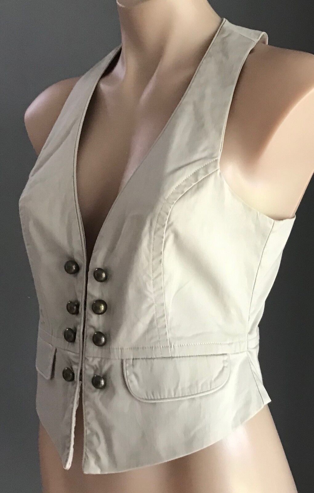 OJAY Vest Waistcoat Beige Sleeveless Fitted Racer Back Buttoned Top Size 10