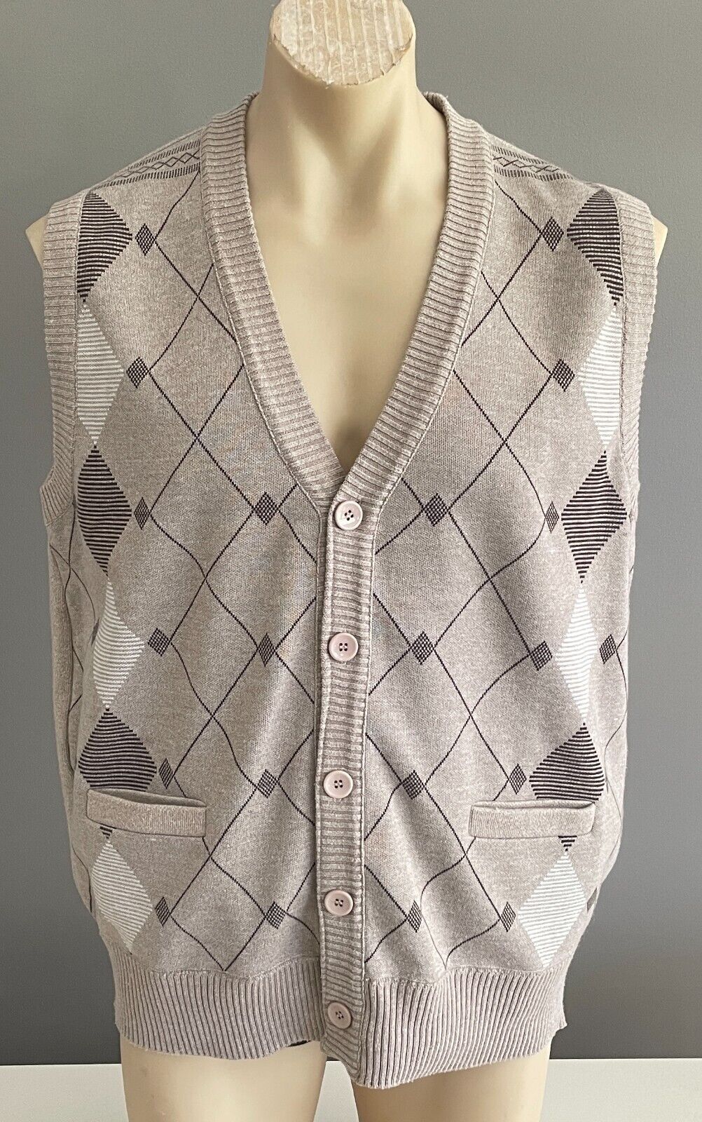 PERIZZI Grandpa Vest Taupe Brown White Argyle Button Down Size L Chest 118cm