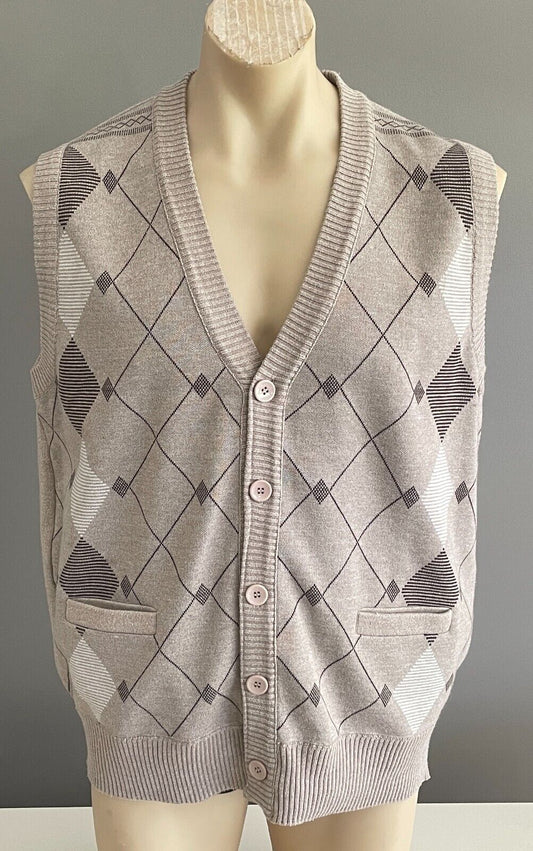 PERIZZI Grandpa Vest Taupe Brown White Argyle Button Down Size L Chest 118cm