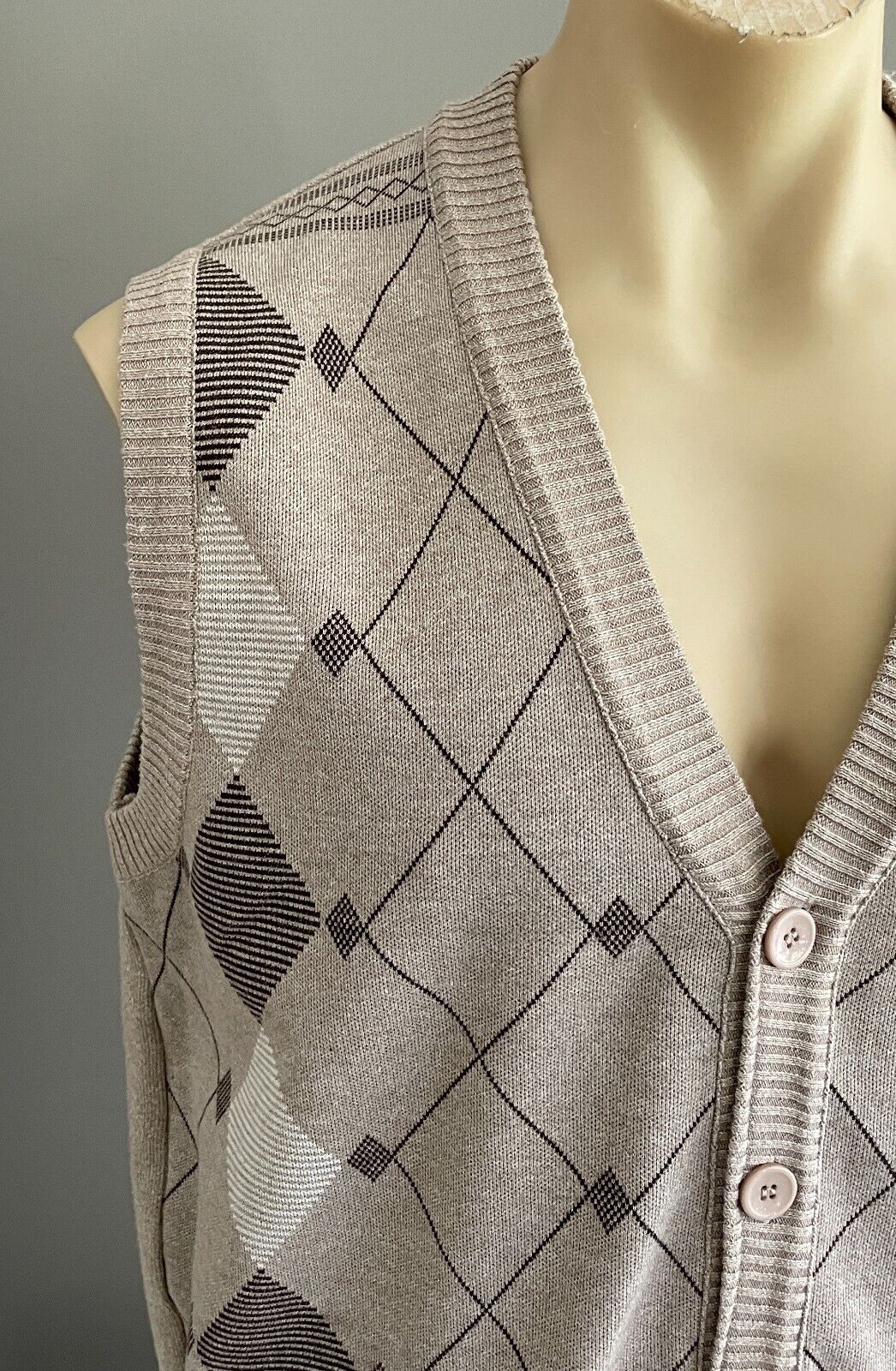 PERIZZI Grandpa Vest Taupe Brown White Argyle Button Down Size L Chest 118cm