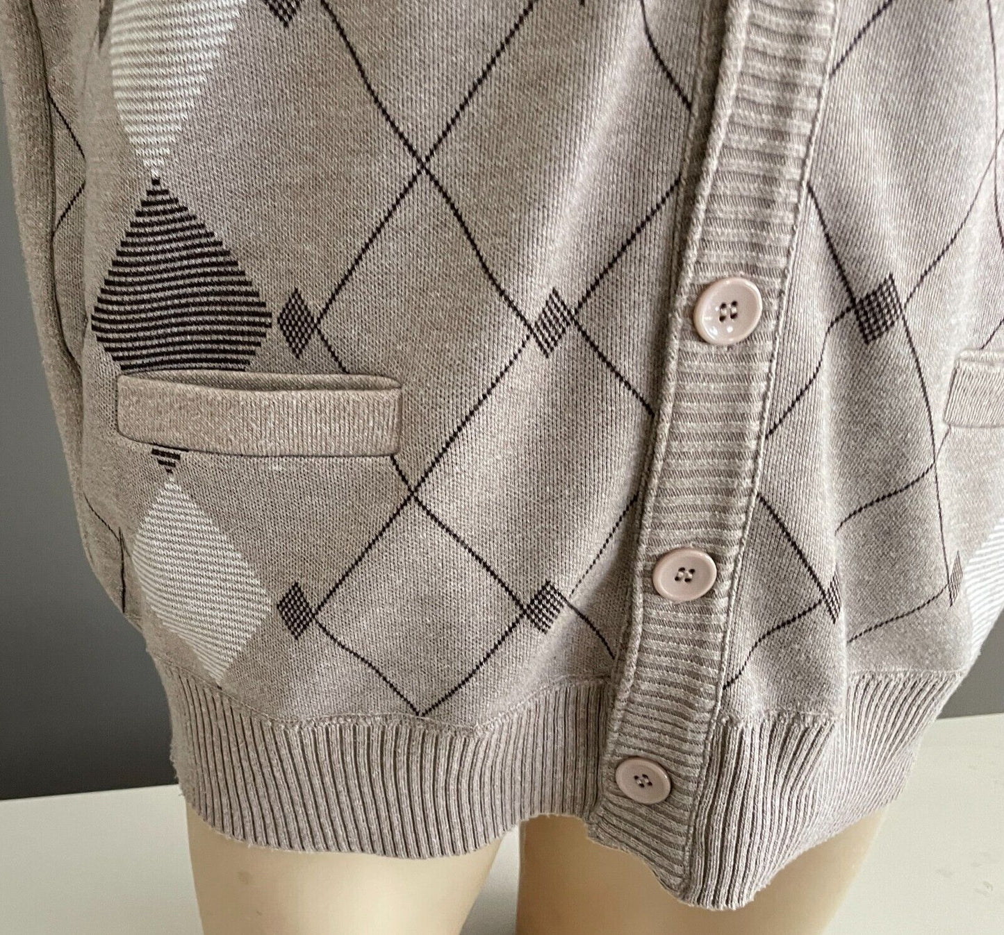 PERIZZI Grandpa Vest Taupe Brown White Argyle Button Down Size L Chest 118cm