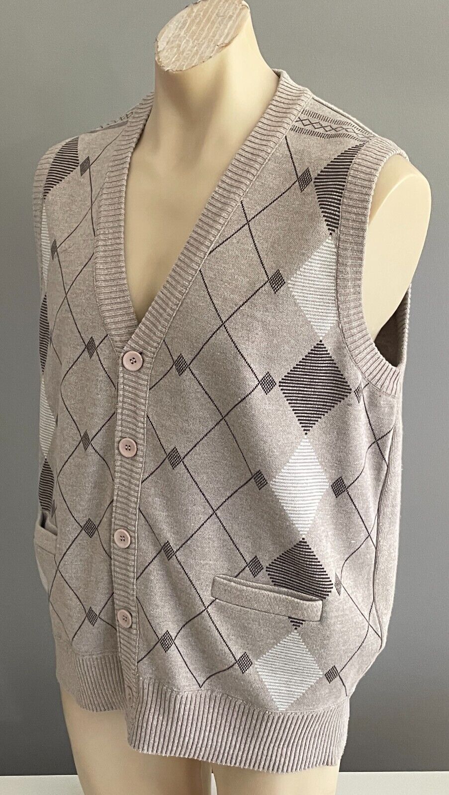 PERIZZI Grandpa Vest Taupe Brown White Argyle Button Down Size L Chest 118cm