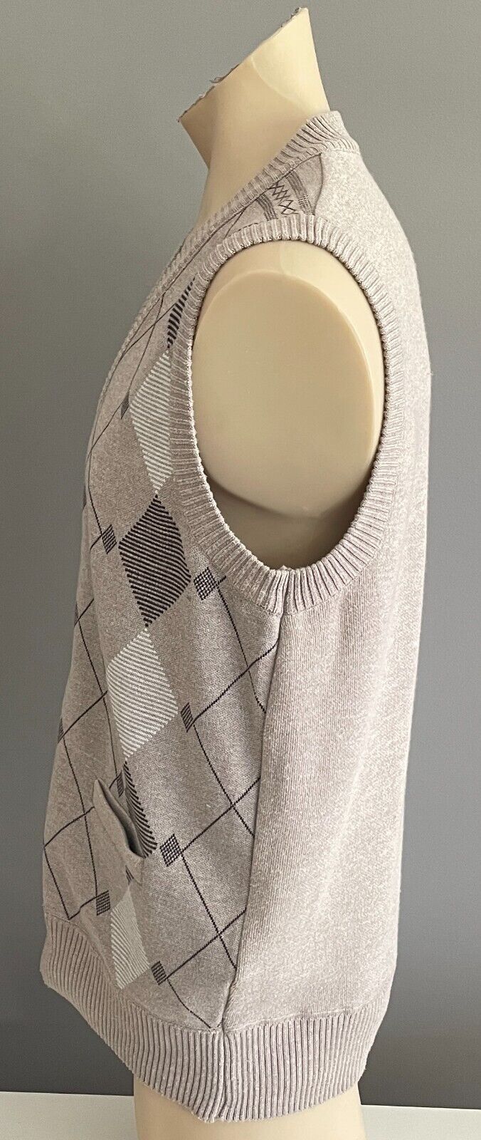 PERIZZI Grandpa Vest Taupe Brown White Argyle Button Down Size L Chest 118cm