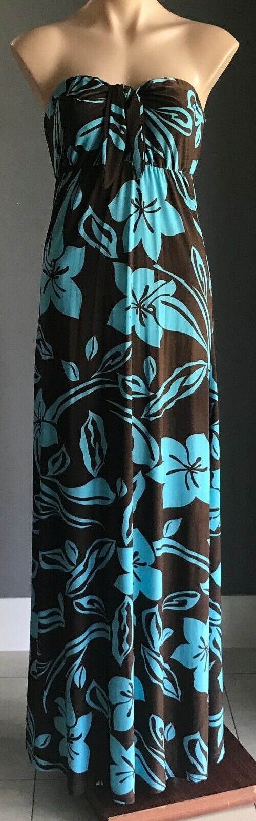 Maxi Dress CARLY Q Design Turquoise Brown Floral Strapless Elastic Waist 14 NEW