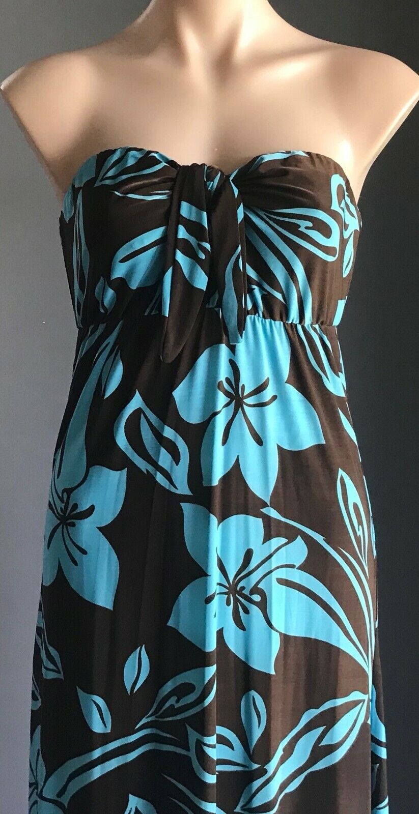 Maxi Dress CARLY Q Design Turquoise Brown Floral Strapless Elastic Waist 14 NEW